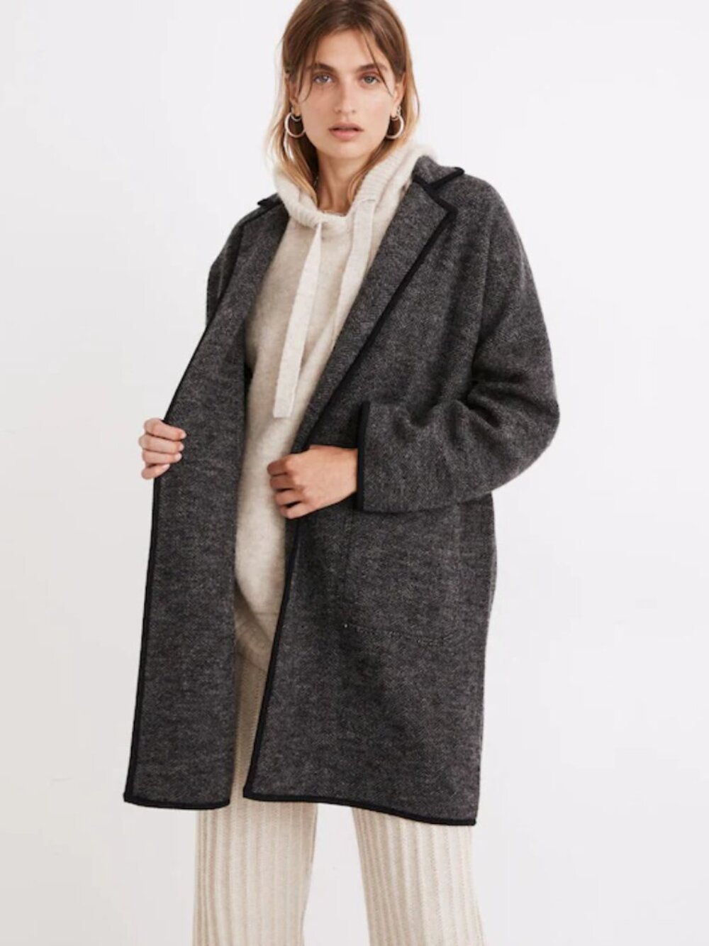 Madewell Herringbone Courton Sweater Coat Night Vision Black Gray XS